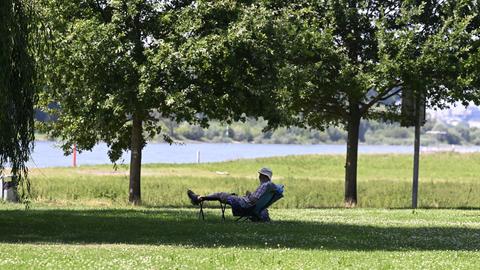 Ein Mann hat sich bei warmen Temperaturen einen Platz im Schatten am Ufer des Rheins gesucht.