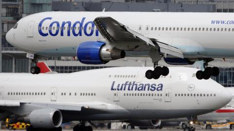 Lufthansa-Maschine parkt im Hintergrund bei der Landung einer Condor-Maschine (picture alliance/dpa)