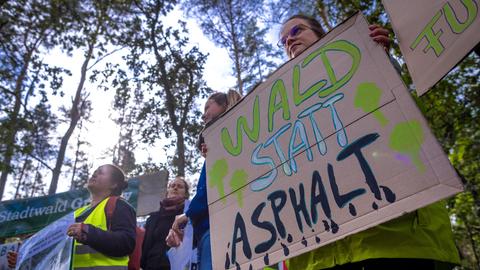 Umweltschützer protestieren mit einer Aktion am Waldrand gegen die geplante Rodung des Stadtwalds.