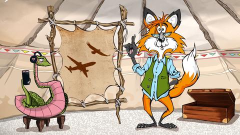 Fuchs Fox und Polly Schlange stehen im Zelt