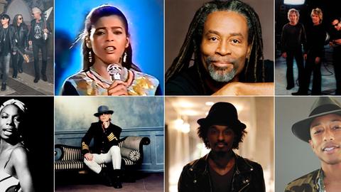 (obere Reihe, v.l.n.r.) Scorpions, Irene Cara, Bobby McFerrin, Bon Jovi; (untere Reihe, v.l.n.r.) Nina Simone, Udo Lindenberg, K'naan, Pharrell Williams.